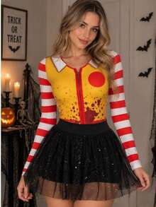 HALLOWEEN Disfraz de Payasita Conjunto Dos Piezas Body y Falda Short Tutu para Mujer Dama Sexy Disfraces Payasos Cosplay Pantiblusa Pantalones Cortos - Negro - Ver 4