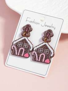 1 Pair Of Christmas Pendant Earrings, Fun And Cute Playful Design Party Earrings, New Year Earrings - Gingerbread House - View 2