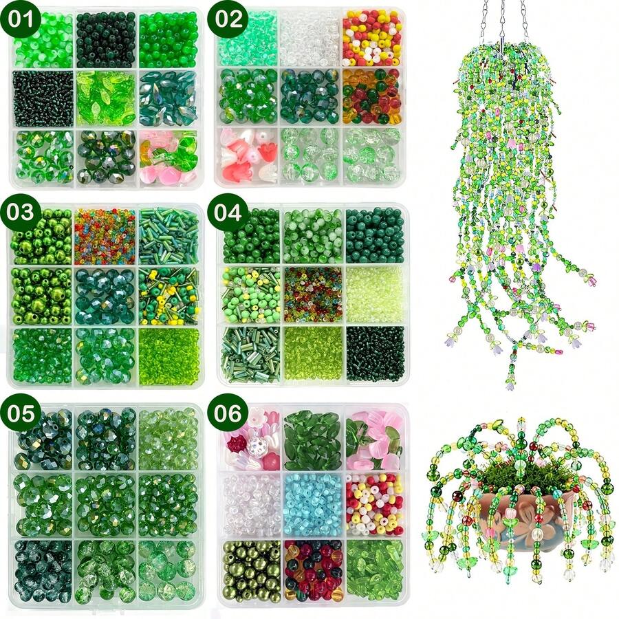 6pcs DIY Beaded Plant Set, Green Glass Beads Moss Iron Wire Group, Handmade Hanging Pot Plant Decor Home Decoration Craft Materials - A - View 1