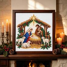 1pc Christmas Nativity Cross Stitch 11CT Pre-Printed 50*50cm With Scissors And Needle Threader Full Material Kit, Bible Manger Birth Pattern, Stress Relief Handmade, Living Room Holiday Decor Painting - Multicolor - View 5