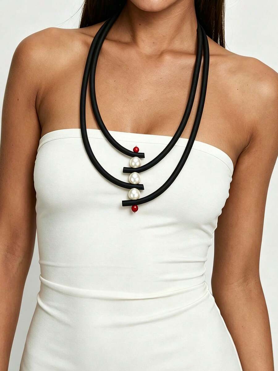 MARLIWOO 1pc Multi-Layer Long Neck Collar Minimalist Versatile Neck Accessory Daily Commute Fashion Necklace - Multicolor - View 1