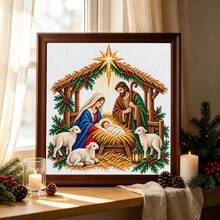 1pc Christmas Nativity Cross Stitch 11CT Pre-Printed 50*50cm With Scissors And Needle Threader Full Material Kit, Bible Manger Birth Pattern, Stress Relief Handmade, Living Room Holiday Decor Painting - Multicolor - View 6