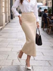 DONICY Women's Oat High Waist Ribbed Knit Slim Mermaid Midi Skirt, Stretchy Bodycon Knit Bottoms For Spring Fall Daily Wear - Apricot - View 1