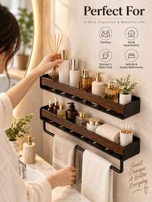 1pc Black Bathroom Storage Rack, Modern Wall-Mounted Organizer With Towel Bar, Double Layer Shower Caddy, Suitable For Shampoo, Lotion, Skincare And Toiletries, Space-Saving Floating Shelf, Suitable For Bathroom Countertop, Shower Room And Home Decor - Multicolor - View 6