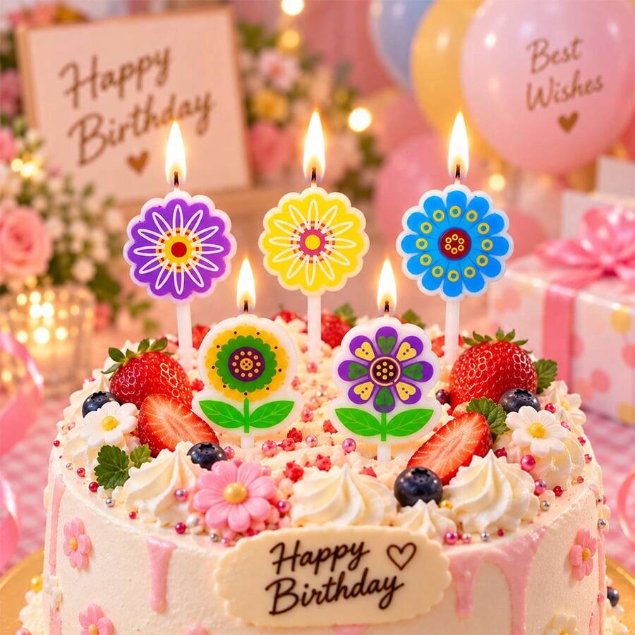 HIBIRTH 5pcs Creative Colorful Flower Candles Birthday Cake Decoration Supplies Cartoon Sunflower Birthday Celebration Wish Baking Plug-In - View 1
