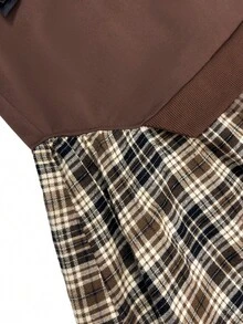 Tween Girls Autumn/Winter Brown Bow Decor Patchwork Plaid Versatile Streetwear Preppy Cute Casual Sweatshirt Dress - Rust Brown - View 6