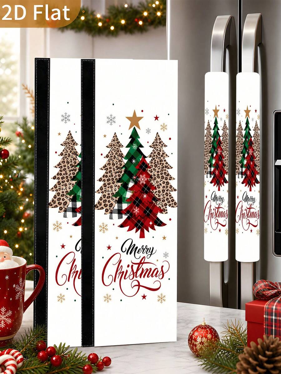 1/2Pcs Christmas Fridge Handle Covers, Christmas Tree & "Merry Christmas" Pattern, With Hook And Loop Fastener, Suitable For Refrigerator, Oven, Microwave, Dishwasher, Christmas Kitchen Decoration - View 1