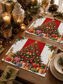 Vintage Country Style Christmas Tree Table Runner, Pillow Case, Placemat With Red Ribbon, Gold Bell, Gift Box And Holly Pattern, European And American Holiday Table Decor, Long Party Decoration - Multicolor - View 4
