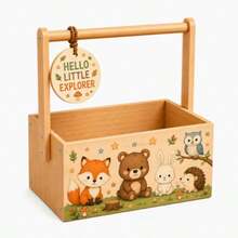 1pc Cute Forest Animal Printed Wooden Handheld Storage Basket, Rectangular Open‑Top With Handle & Tag Caddy, For Nursery Kids Room Playroom Home Toy Organizer Decor - Multicolor - View 1