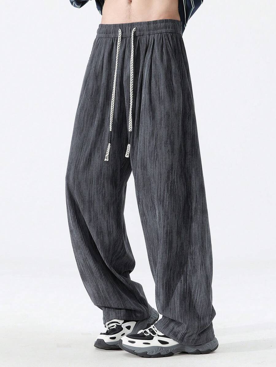 Men's American Street Style Crinkled Texture Pants, Plus Size Elastic Waist Drawstring Loose Straight Leg Casual Trousers - Grey - View 1