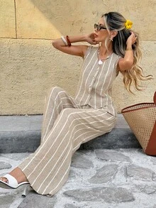 French-Style Retro Tropical-Striped Button-Front Vest And Wide-Leg Trousers Set; Women's Autumn Outfit; Business-Casual Two Pieces Set; Office Attire. - Brown - View 3