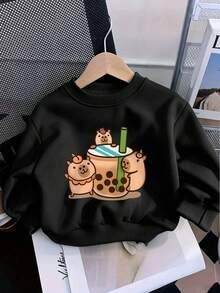 3-delat set med rundhalsad sweatshirt, tryck med kapybara, donut och milk tea-mönster, ny bekväm babyoutfit för höst/vinter - Rosa - Visa 3