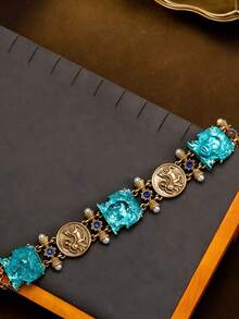 Fashionable Blue-Green Relief Portrait Glass Bracelet Or Necklace With Round Pendant, Sapphire Rhinestone Inlay, Casual Party Accessory - Bracelet - View 6