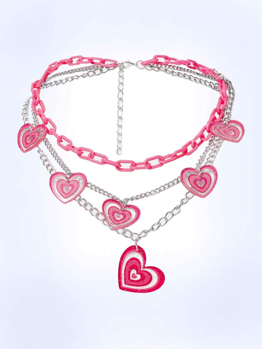 Y2Kool Heart Charm Layered Necklace Valentines - Hot Pink - View 1