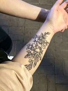 7pcs Herbal Temporary Tattoo Sticker, Black‑White Line Drawing Rose Floral Pattern, Realistic Fake Tattoo Design, Suitable For Daily Wear, Bachelorette Party Favors, Music Festivals, Game Events, Graduation Gifts, Lasts 7‑14 Days - Black - View 10