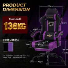 Fabric Gaming Chair With Footrest, Ergonomic Computer Desk Chair With Pocket Spring Cushion Home Office High Back Lumbar Support Heavy Duty Wide - Purple - View 9