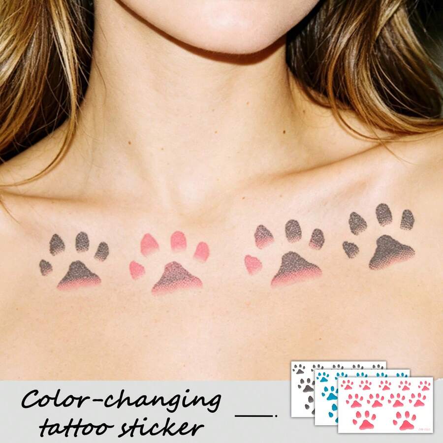 3PCS Temperature Color‑Changing Paw Print Temporary Tattoo Stickers, Cute Animal Paw Body Art Decals, Body Stickers For Festival Party DIY Body Makeup Decor - Multicolor - View 1