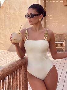 HaiiMeid Women's Elegant Solid Color One-Piece Swimsuit With Beaded Chain Shoulder Straps, Suitable For Beach Vacation Summer - Beige - View 7