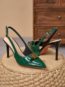 2026 New Premium Bright Green Stone Texture Closed Toe Slingback Pumps For Women, Elegant Bow Metal Buckle Stiletto High Heels, Suitable For Commuting, Banquet, Date, Party - Green - View 5