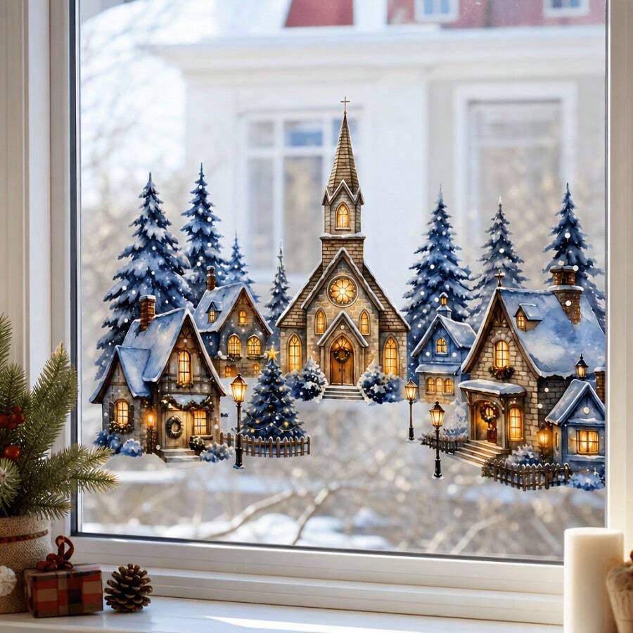 1pc Vintage Christmas Village Decorative Sticker, Church, Wooden House, Street Lamp, Cedar Tree, Self-Adhesive Wall Decal For Living Room, Door And Window - Multicolor - View 1