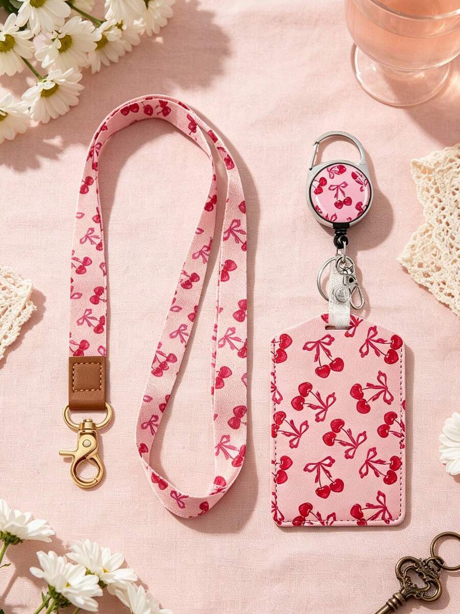 Porta Tarjetas de Identificación con Lazo de Cereza Rosa Intenso, con Hebilla Fácil de Tirar y Cuerda Retráctil Giratoria, Adecuado para Almacenar Tarjetas de Acceso, Tarjetas de Identificación - Multicolor - Ver 1