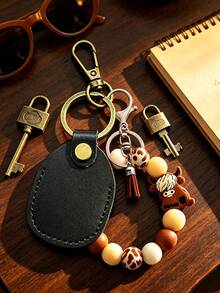Cute Retro Style Highland Cattle Bead Bracelet PU Leather Keychain, Access Card Holder Tassel Decor Bag, Charm Car Key Ring Gift, Unisex, Daily Essential, Birthday, Ramadan, Christmas Gift - Multicolor - View 2