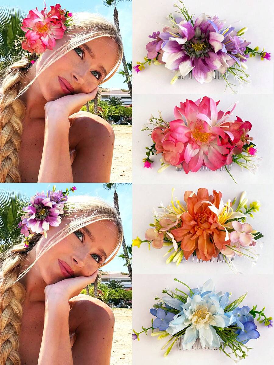 DUOJIAOYAN 1pc New Style Artificial Fabric Solid Color Flower Greenery Hair Comb Suitable For Daily Side Updo Half-Up Hairstyle Wedding Styling Women Dress Up Photography - Multicolor - View 1