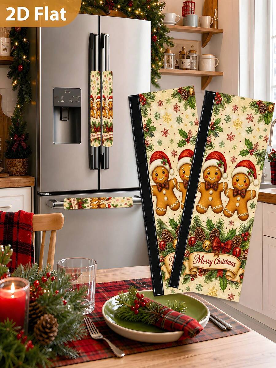 1/2Pcs Christmas Refrigerator Handle Covers, Gingerbread Man, Berry, Snowflake, "Merry Christmas" Patterns, With Hook And Loop, Suitable For Refrigerator, Oven, Microwave, Dishwasher, Christmas Holiday Kitchen Decoration - View 1