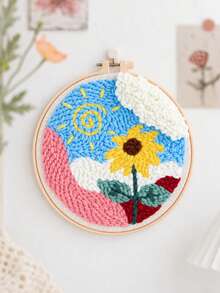 1pc Round Wooden Frame Floral Punch Needle Kit, Pink Background And White Flower Craft Materials For Making A Handmade Botanical Wall Art, Beginner DIY Decor Project For Living Room Or Bedroom, Birthday, Housewarming, Holiday Gift For Friends - Punch Needle Embroidery - View 10
