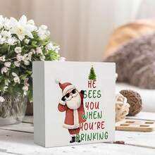 1pc Funny Santa Claus Wooden Box Sign, "He Can See You" Christmas Decor Ornament, 5x5 Inch, Suitable For Home, Kitchen, Bar, Lounge, Shelf Decoration, Creative Holiday Gift, Christmas Decoration - Wooden Box Ornament - View 4