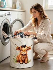 Multifunctional Large Laundry Basket/Dirty Clothes Bin, Laundry Storage Bag, High-End Cow Design Foldable Round Laundry Basket, Portable Laundry Bag, Suitable For Bathroom/Bedroom/Dorm, Housewarming Gift - Multicolor - View 4
