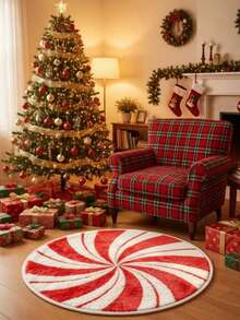Karpet Bulat Berumbai Warna Burgundy untuk Natal, Motif Kotak-kotak, Boneka Salju, Kue Jahe, Hadiah Permen Tongkat, Karpet Mewah - Merah - View 2