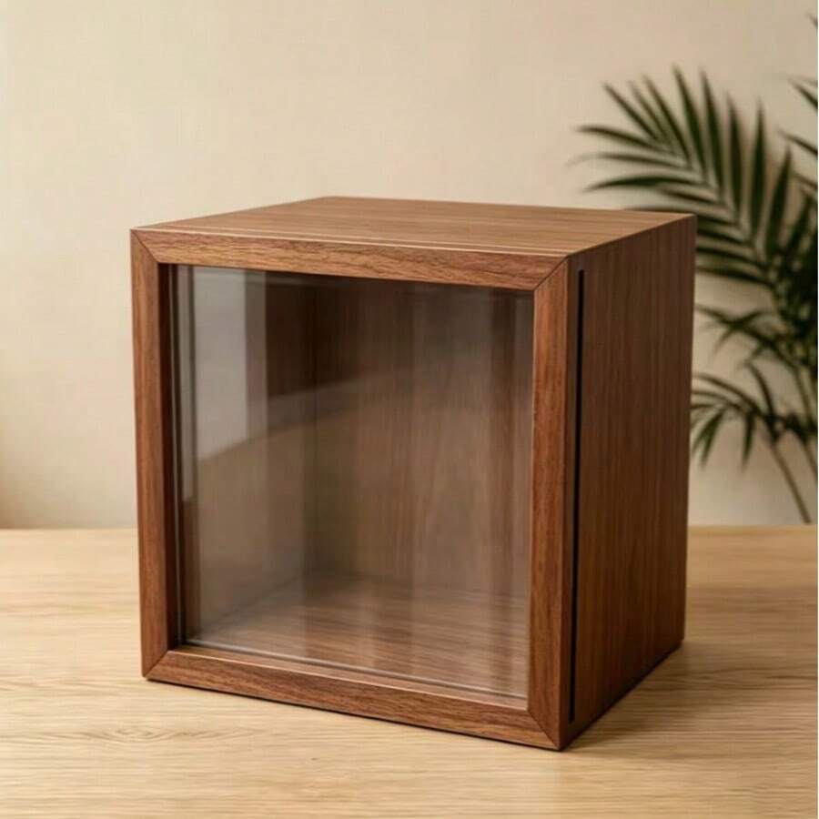 1pc Minimalist Natural Wood Cube Display Storage , Transparent Front Panel Freestanding Showcase, For Desktop Shelf Home Figurine Trinkets Collectible Decor - Multicolor - View 1