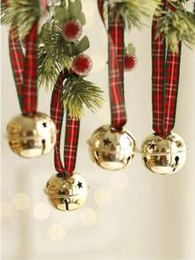 6pcs Christmas Bells, Gold Metal Bells With Red Plaid Ribbon, 3.7 Inch Large Crisp Sounding Bells Decoration, Suitable For Christmas Tree, Wreath, Gift Wrapping And Holiday Home Decor - Multiple Styles - View 3
