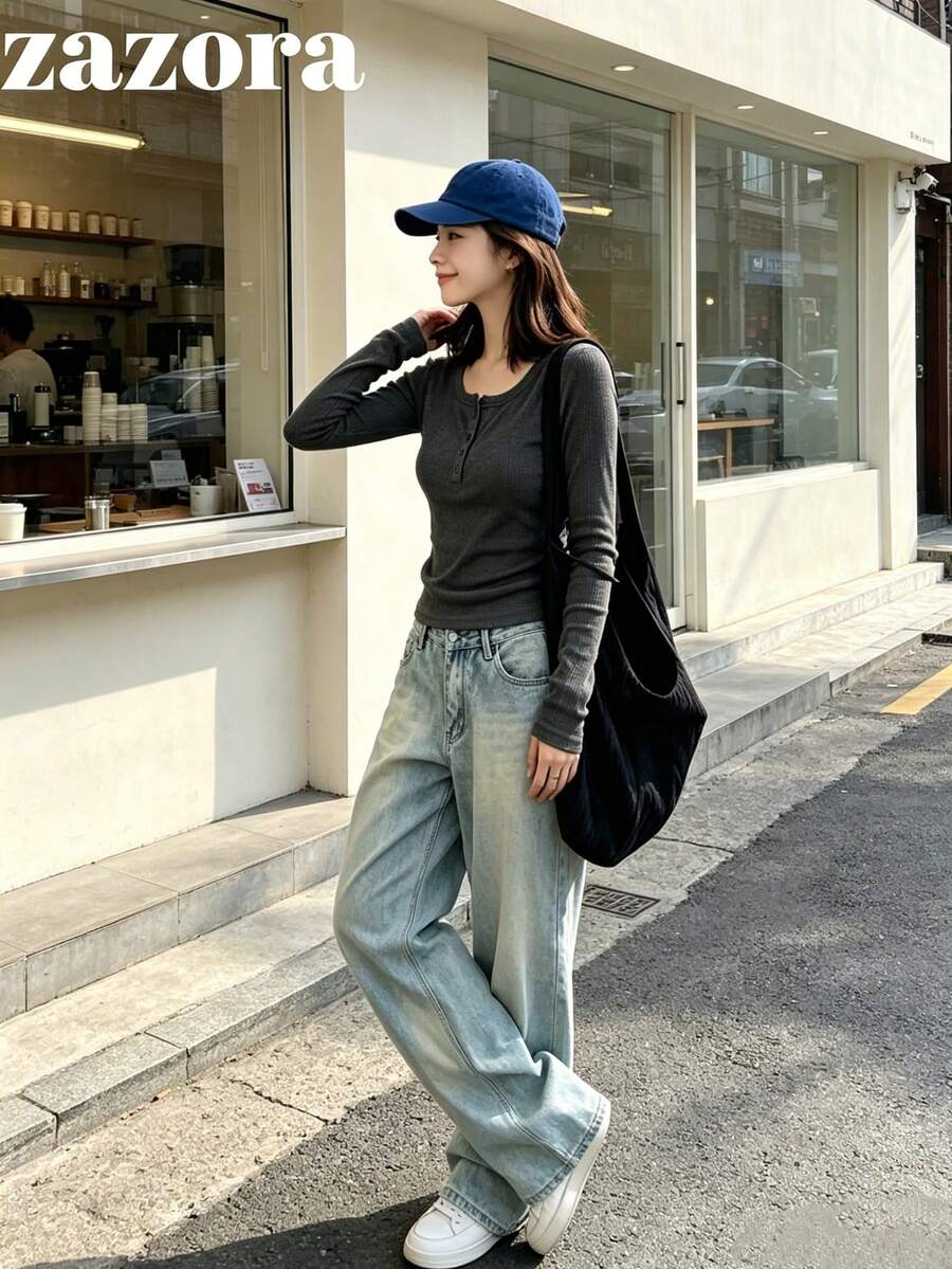 Women's Minimalist Solid Color Large Scoop Neck Long Sleeve T-Shirt, Slimming Inner Layer, Elastic Base Layer, Short Top, Early Autumn - Dark Grey - View 1