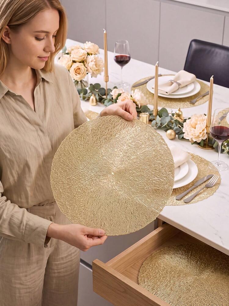 12/120 Stücke goldene runde Cut Out PVC Tischsets, waschbare dekorative Matten, rutschfeste geruchlose Tischmatten, verschleißfeste Schüssel- und Tellerunterlagen, geeignet für Restaurants, Cafés, Pensionen, passend für Festivals, Partys, Versammlungen