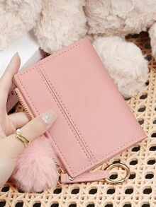 Adorned With A Delicate Pom-Pom, Ladies' Fashion Coin Wallet Zipper Folding Button Short Wallet With Small Wrist Circle Decoration, Daily Commuting - Lilac Purple - View 13