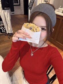 韓式簡約性感白色水鑽針織長袖女款秋冬毛衣，百搭優雅高端針織上衣 - 紅色 - 查看 4