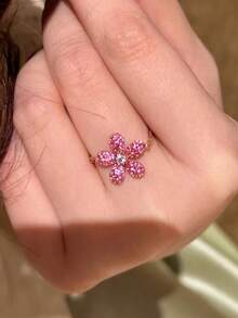 1pc Pink Floral Ring Set For Women, Fashionable Niche Fairy Style Sweet Luxury Rhinestone Decorated Handpiece - Multicolor - View 4