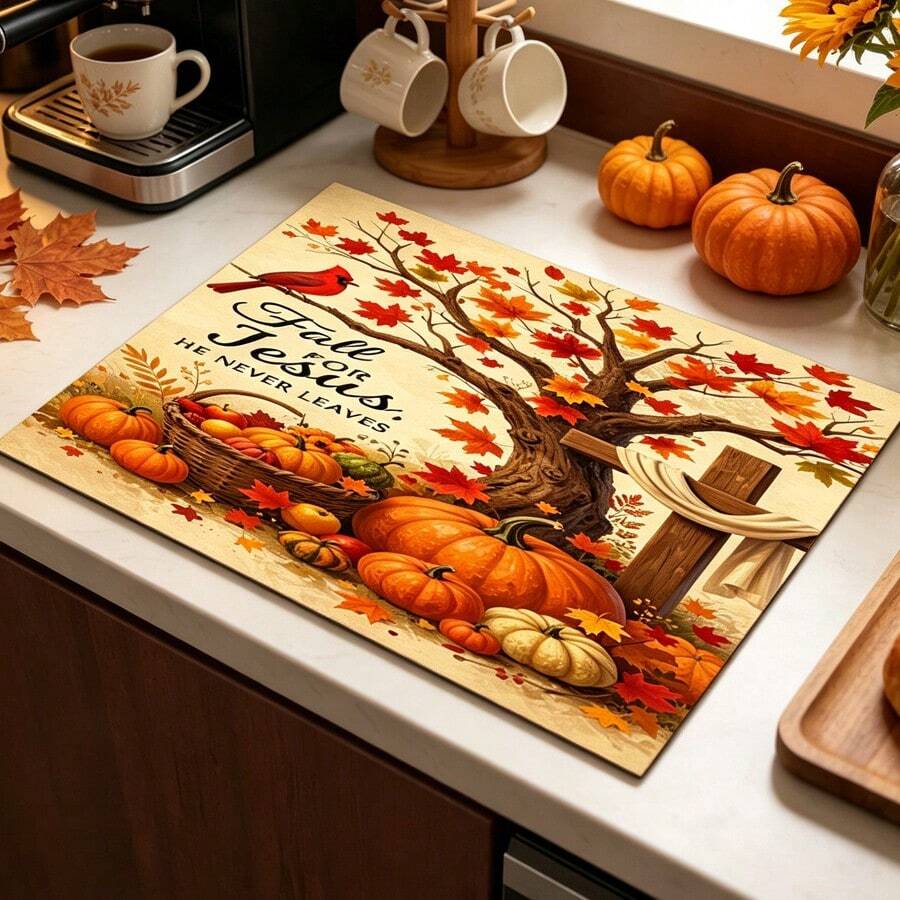 1pc Dish Drying Mat, Coffee Machine Pad, Autumn Red Leaf Pattern Countertop Absorbent Mat, Multi-Scene Universal Desktop Protector, Suitable For Thanksgiving & Autumn Atmosphere, Apple & Pumpkin Elements, Practical & Decorative, Multi-Purpose Drying Mat, Home Gift, Tabletop Decor