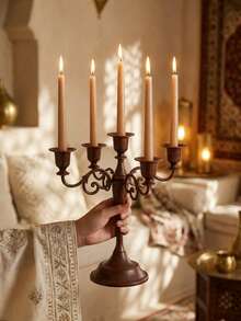 1Pc Retro Carved Alloy Candelabra, Imitation Wood‑Grain 3/5 Arms Candle Stick Holder, Centerpiece For Dining Table, Wedding, Ramadan, Party Home Ornament. - Classic - View 15
