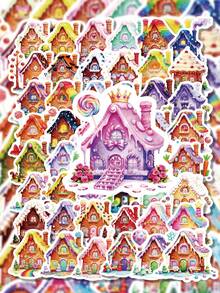 56Pcs Colorful Healing Candy House Stickers, Fantasy Houses With Dripping Frosting Texture, Fairy‑Tale Motifs Decorated With Flowers And Small Animals, For Bike, Books, Journal, Tumbler, Desktop Organizer, Skateboard, Document Box Decoration - Multicolor - View 5