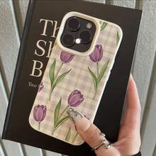 1 buah Casing Ponsel Minimalis Matte Putih dengan Pelindung Lensa dan Motif Kotak-kotak Ungu Tulip, Dapat Dipersonalisasi, Kompatibel dengan iPhone 16 Pro Max/18/17/16/15/14 Plus/13/12/11/Air, Kompatibel dengan Seri - MultiWarna - View 3