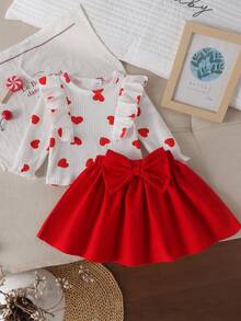 2pcs Baby Girl Cute Ruffle Hem Heart Print Ribbed Long Sleeve Top & Skirt Set, Thin Spring/Autumn Holiday - Red and White - View 3