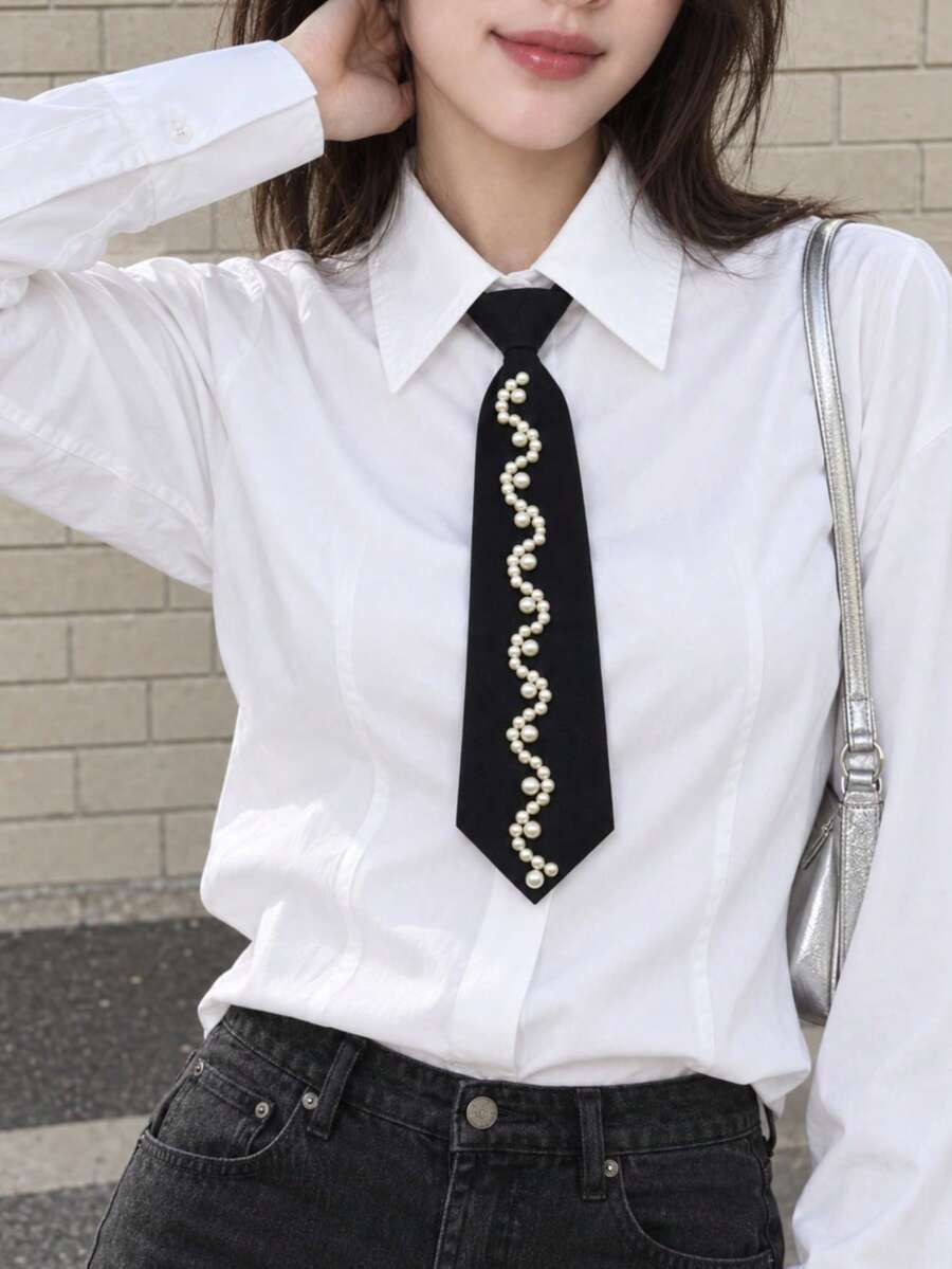1pc Women's Pearl Fashion Necktie Accessory - Black - View 1