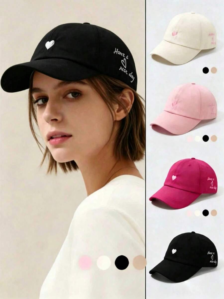 1pc Heart Embroidery Semi-Open Top Baseball Cap, Unisex Ponytail Duck Bill Hat, Daily Outdoor Travel Sun Protection, Versatile Breathable Sun Hat