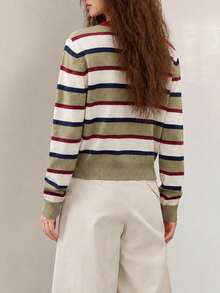 Women's Autumn/Winter Casual Minimalist Color-Block Striped Round Neck Cardigan Knit Sweater Jacket - Multicolor - View 2