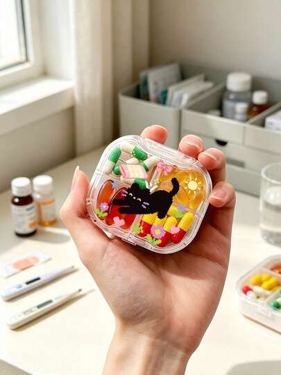 Cute Pixel Black Cat Portable Pill Box, Mini 7-Day Pill Storage Box, Portable, Sealed, Moisture-Proof, Dust-Proof, Large Capacity, Independent Sealed Compartments, Mini Visible Pill Box, Outdoor Mini Portable Pill Box, Printed Divided Pill Box, Travel Carry-On Pill Box, Cute Mini Pill Box, Double-Layer Sealed Pill Box, Travel Accessory, Can Store Jewelry, Medicine And Small Items, Suitable For Pocket Or Wallet, Suitable As Birthday, Party, Anniversary, Christmas, Halloween, Back To School, New Year Gift.