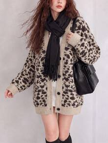 Women's Autumn/Winter Designer Leopard Print V-Neck Cardigan Sweater - Khaki - View 1