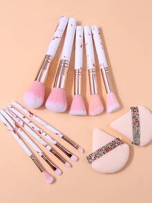 12pcs Professional Makeup Brush Set, Foundation Brush, Blush Brush, Eyeshadow Brush, Brow Brush, Contour Brush, Powder Brush, Highlighter Brush, With Triangle Powder Puff, Complete Daily Makeup Tool Set - White - View 7